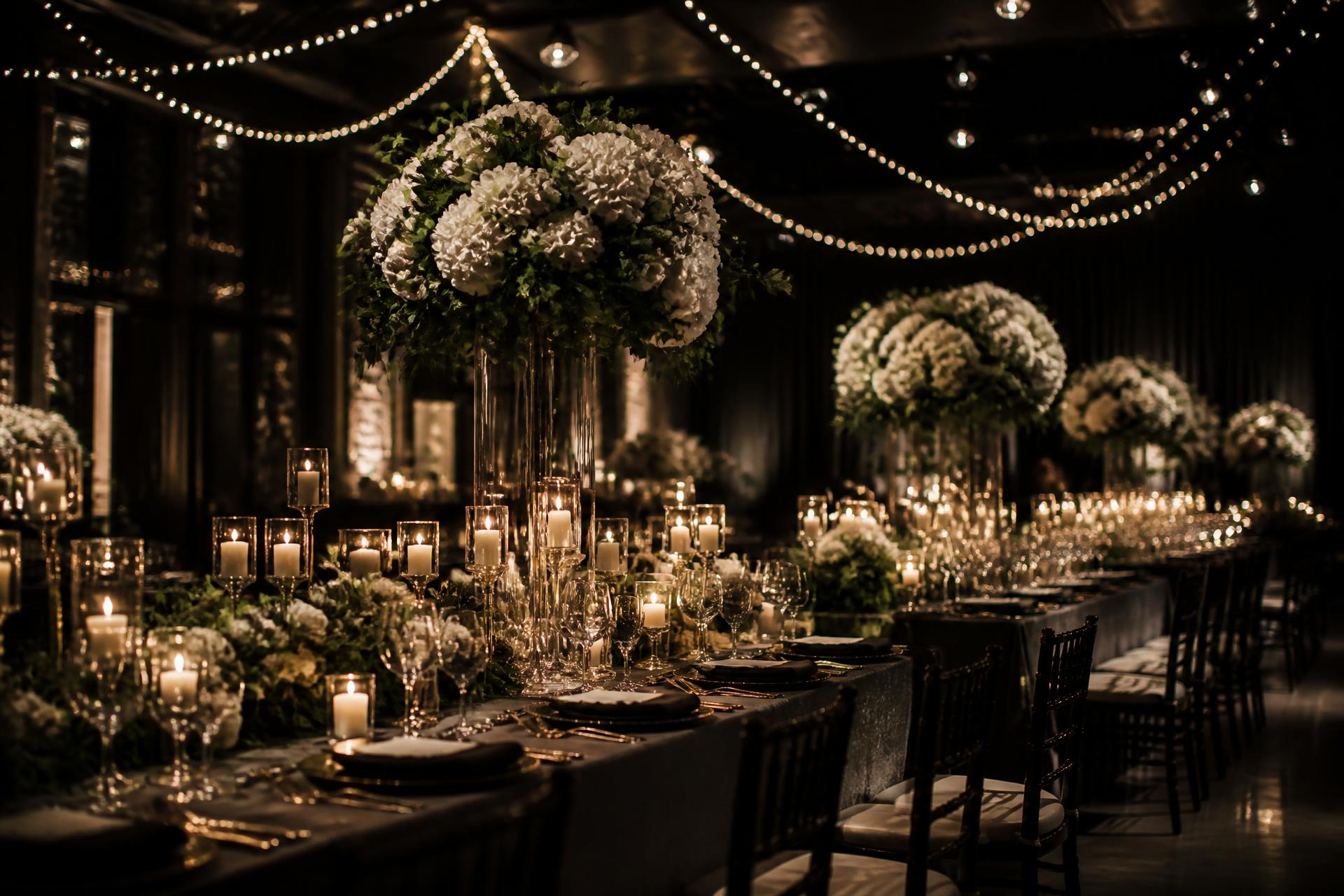 Candlelit banquet tables with tall floral centerpieces at an evening gala